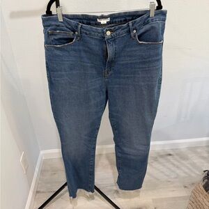 Good American Mid-Blue Cropped Raw-Hem Jeans